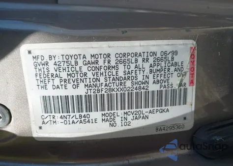 1999 Toyota Camry Xle V6 из США, поврежденный, VIN JT2BF28KXX0224842